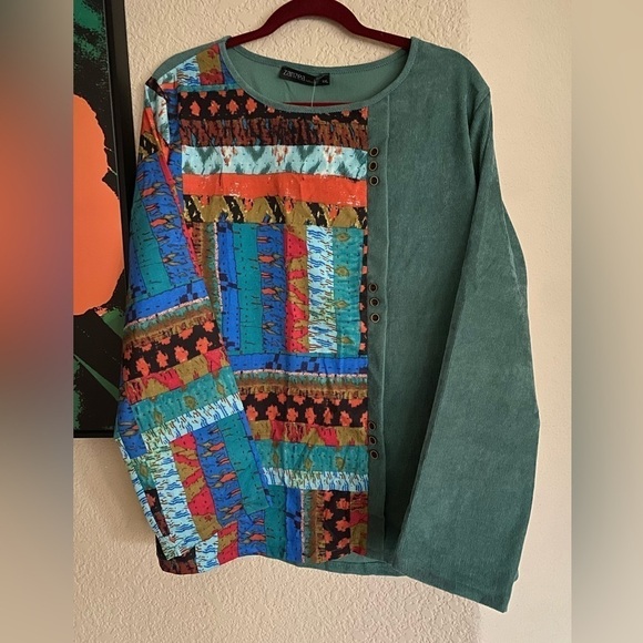 Zanzea Mixed Media Corduroy Top Ethnic Print Buttoned Women’s XXL Green Spl… - Picture 9 of 14